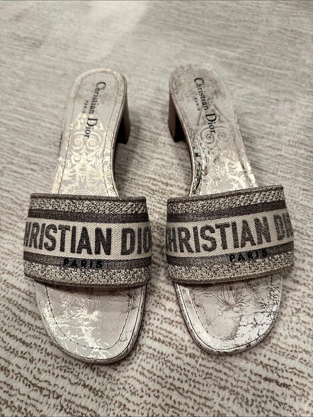 Christian Dior Dway Heeled Slide Sandals, Silver & Brown EU 39